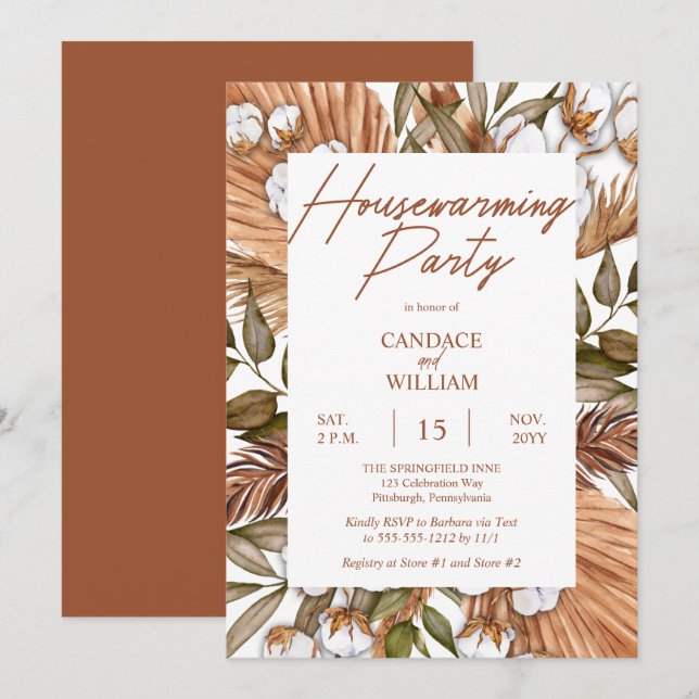 Boho Floral Cotton | Gräser Party in Wohnhäusern Einladung (Vorne/Hinten)
