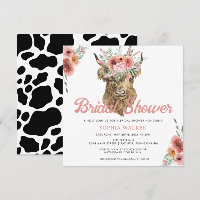 Boho Floral Cow Print Western Brautparty Einladung (Vorne/Hinten)