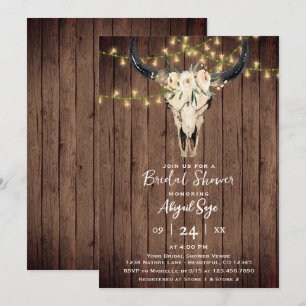Boho Floral Cow Skull auf Rustic Wood Brautparty Einladung