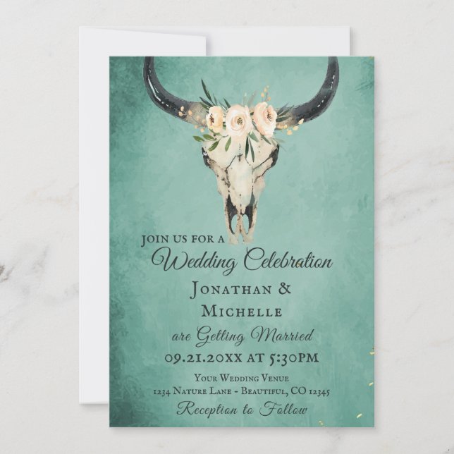 Boho Floral Cow Skull auf Türkishochzeit Einladung (Vorderseite)