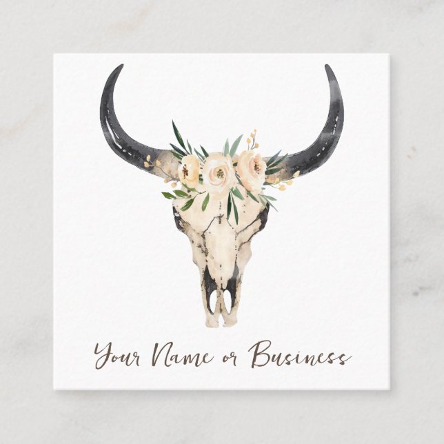Boho Floral Cow Skull auf Weiß Quadratische Visitenkarte (Vorderseite)