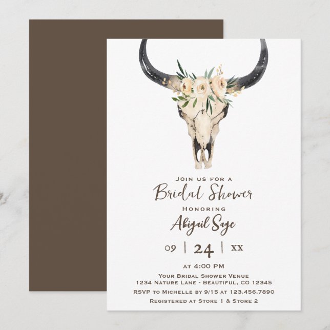 Boho Floral Cow Skull Brown Weißes Brautparty Einladung (Vorne/Hinten)