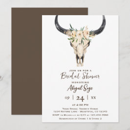 Boho Floral Cow Skull Brown Weißes Brautparty Einladung