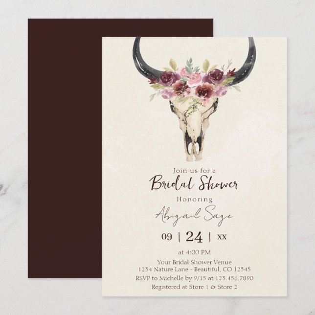 Boho Floral Cow Skull Burgundy Cream Brautparty Einladung (Vorne/Hinten)