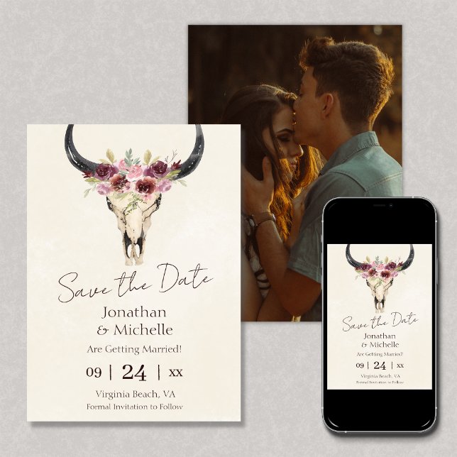 Boho Floral Cow Skull Burgundy PHOTO Wedding Save The Date (Von Creator hochgeladen)