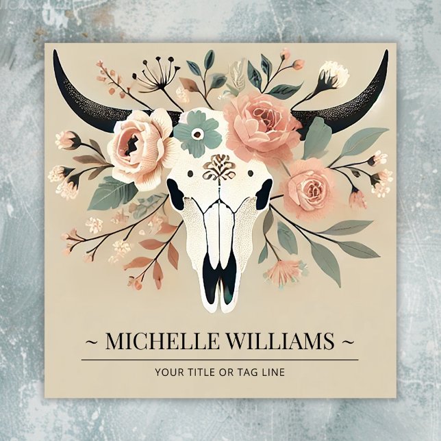 Boho Floral Cow Skull Quadratische Visitenkarte (Front - Boho Floral Cow Skull Square Business Card)