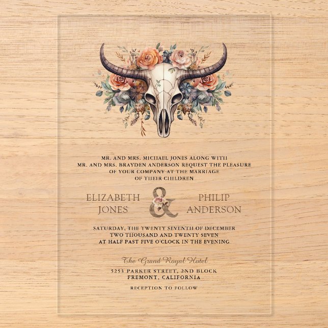 Boho Floral Cow Skull Western Wedding Acryleinladungen (Vorderseite)