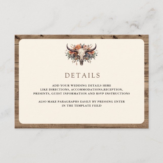 Boho Floral Cow Skull Western Wedding Details Begleitkarte (Vorderseite)
