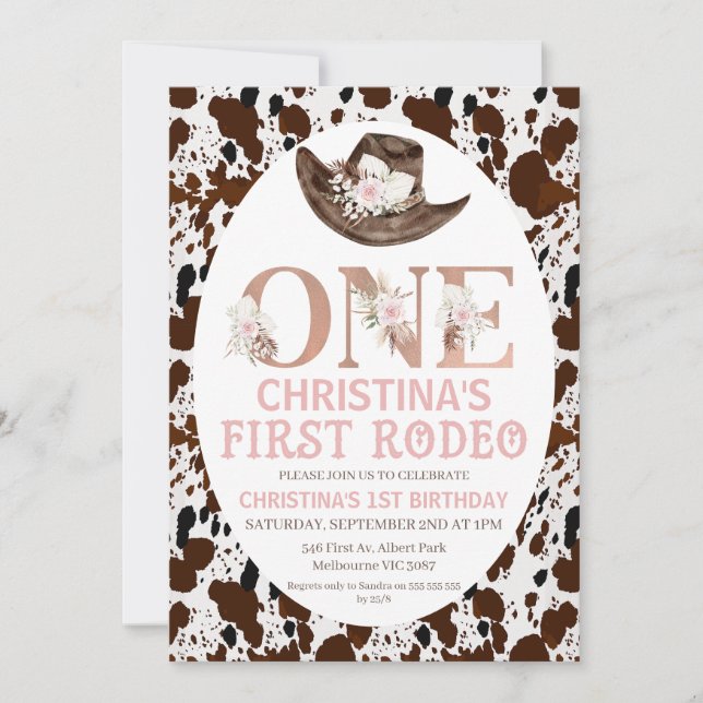 Boho Floral Cowgirl Hat First Rodeo Birthday Einladung (Vorderseite)