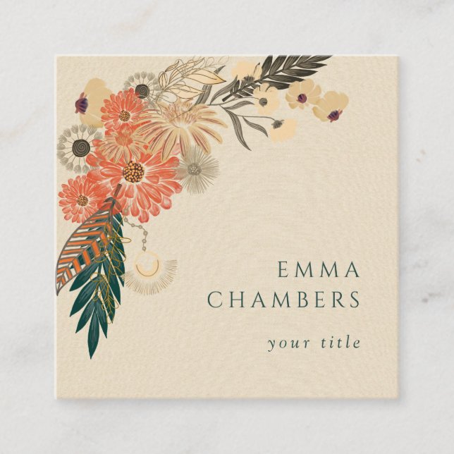 Boho Floral Creme Linen Business Card Quadratische Visitenkarte (Vorderseite)