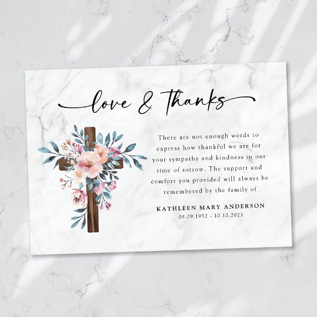 Boho Floral Cross Script Funeral Dankeskarte (Von Creator hochgeladen)