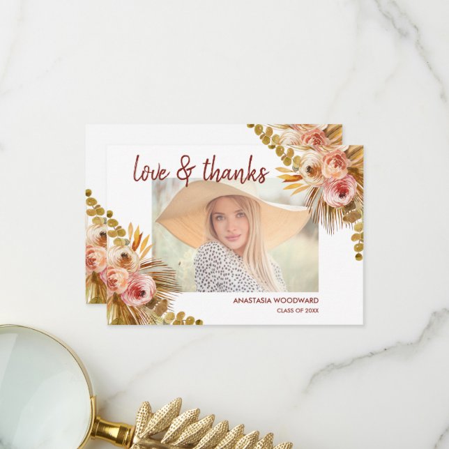 Boho Floral Custom Foto Abschluss Vielen Dank Dankeskarte (Vorderseite/Rückseite Beispiel)