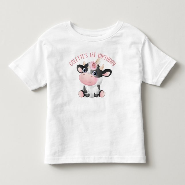 Boho Floral Cute Cow First Birthday Baby T-shirt (Devant)