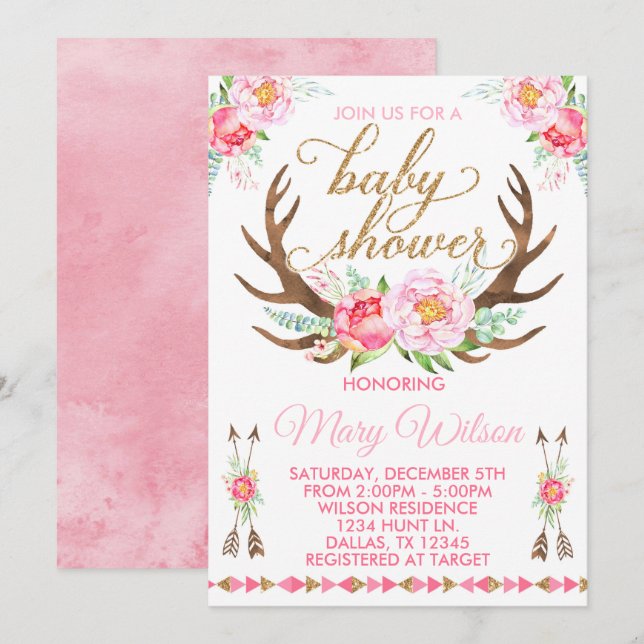 Boho Floral Deer Antler Baby shower Invitation (Devant / Derrière)