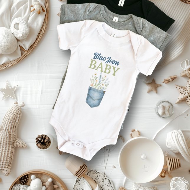 Boho Floral Denim Pocket Blue Jean Baby Shower Baby Strampler (Von Creator hochgeladen)