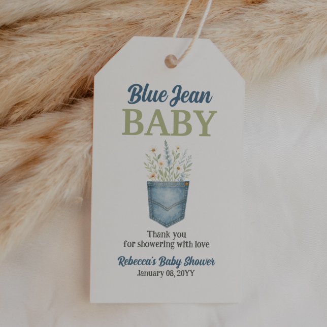 Boho Floral Denim Pocket Blue Jean Baby Shower Geschenkanhänger (Von Creator hochgeladen)