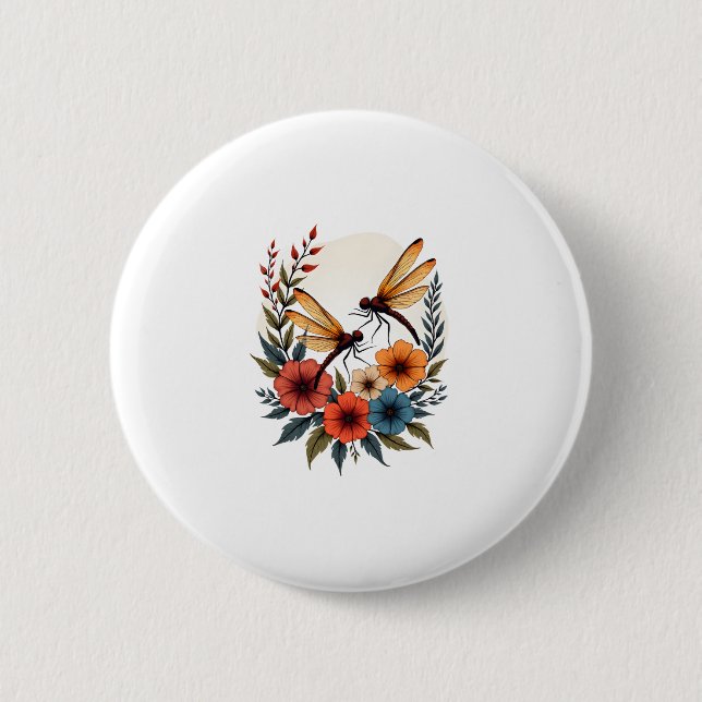 Boho Floral Dragonfly Button (Vorderseite)