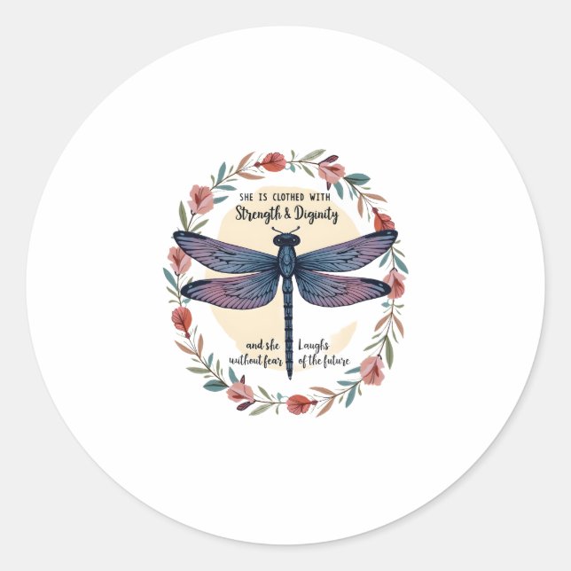 Boho Floral Dragonfly Sie ist mit Stärke bekleidet Runder Aufkleber (Vorderseite)