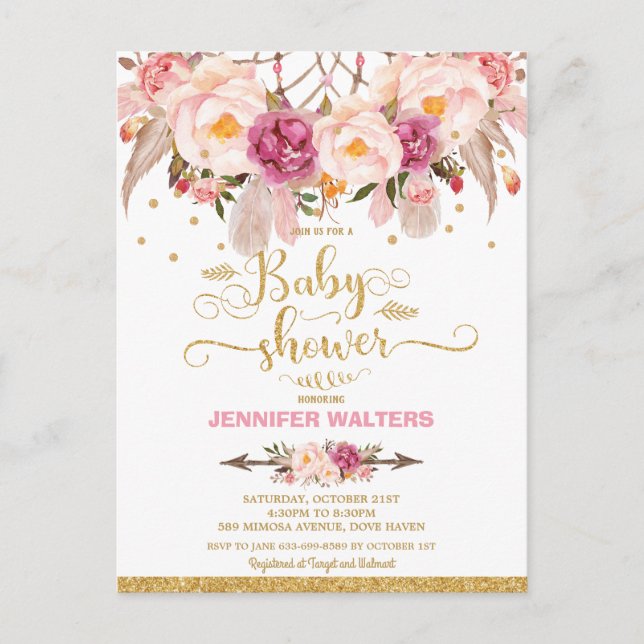 Boho Floral Dream Catcher Baby Shower Einladung Postkarte (Vorderseite)
