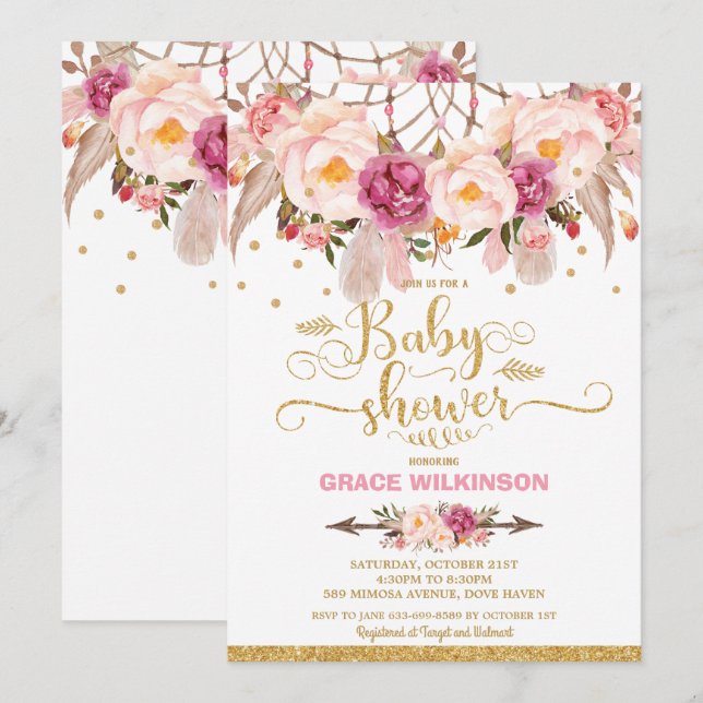 Boho Floral Dream Catcher Baby Shower Girl Einladung (Vorne/Hinten)