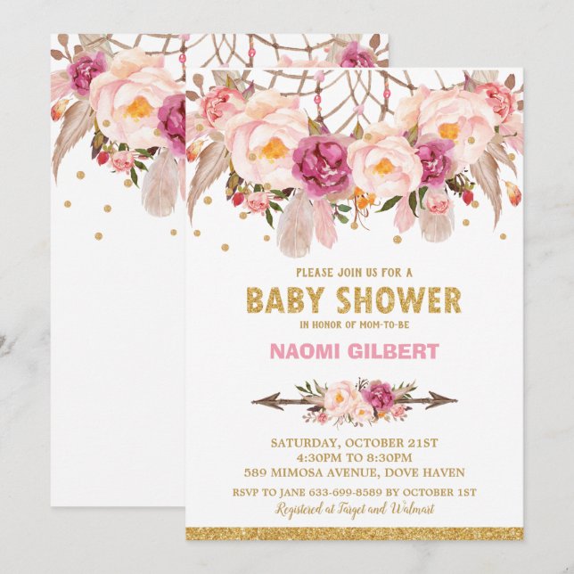 Boho Floral Dream Catcher Baby ShowGirl Einladung (Vorne/Hinten)