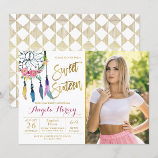 Boho Floral Dream Catcher Sweet 16 Birthday Foto Einladung