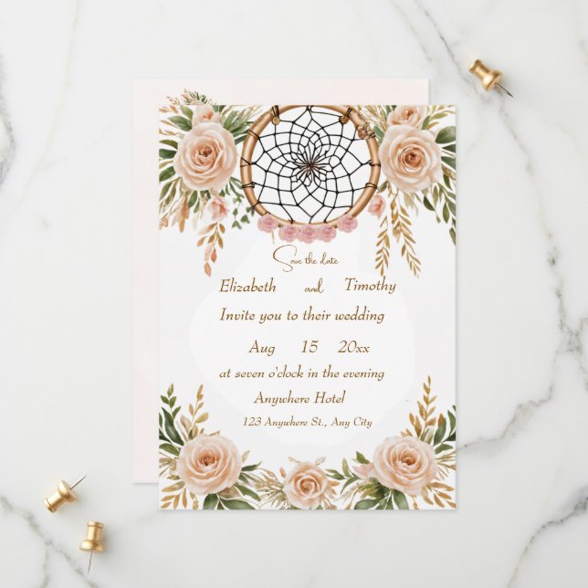 Boho Floral Dreamcatcher Save the Date Card (Vorderseite/Rückseite Beispiel)