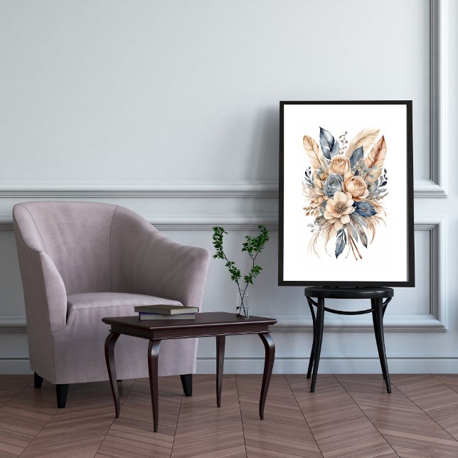 Boho Floral Dusty Blue Beige Blume Poster (Boho Floral Botanical Feathers Wall Art, Watercolor Art print poster, Dusty Blue Beige Neutral Color)