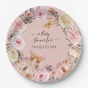 Boho Floral Dusty Blush Pink Moderne Babydusche Pappteller