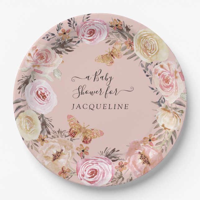 Boho Floral Dusty Blush Pink Moderne Babydusche Pappteller (Vorderseite)
