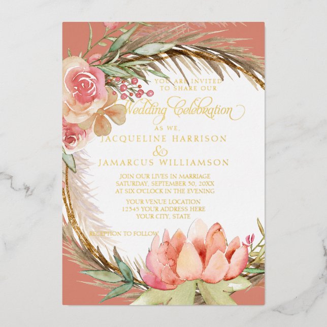 Boho floral Dusty Pink Pampas Gold Folieneinladung (Vorderseite)