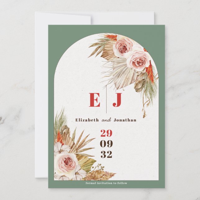 Boho floral Earth tönt Bogenrahmen Hochzeitsgrat F Save The Date (Vorderseite)