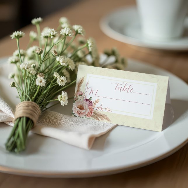 Boho Floral Elegante Hochzeitssessensitze Platzkar Platzkarte (Folded seating card for wedding with boho florals and Italian marble background)