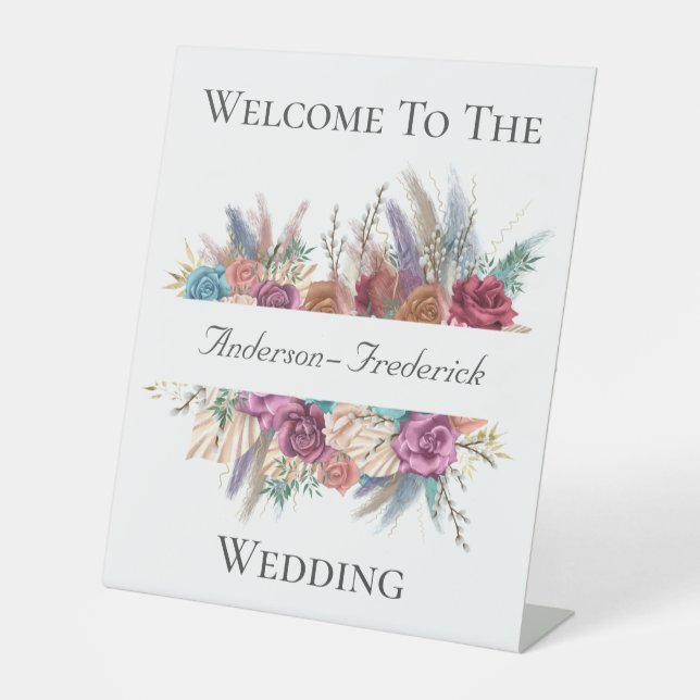 Boho Floral Elegante Script Wedding Welcome Sign Sockelschild (Vorderseite)