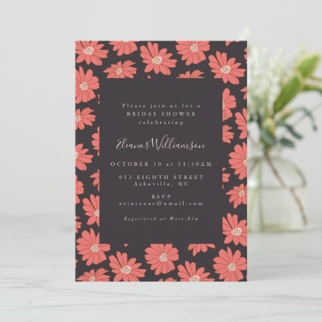 Boho Floral Elegantes Black Red Brautparty Einladung (Stehend Vorderseite)