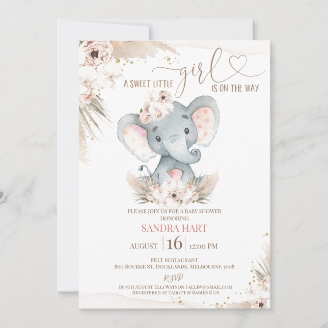 Boho Floral Elephant Baby Girl Babydusche Einladung (Vorderseite)