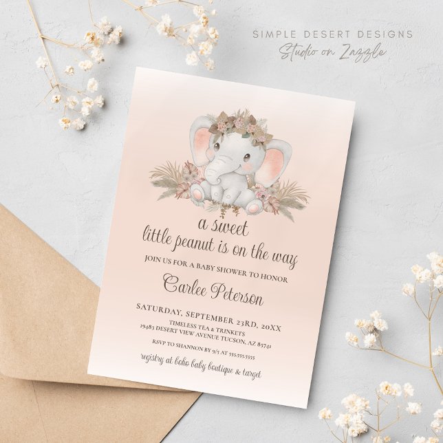 Boho Floral Elephant Baby Shower Einladung (Blush Pink Boho Floral Elephant Baby Shower Invitation for Gender Neutral Boy or Girl Baby Shower)