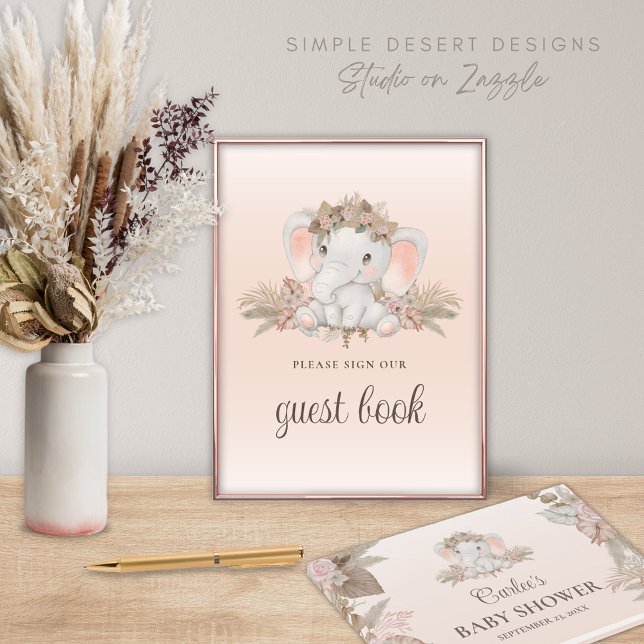 Boho Floral Elephant Baby Shower Guest Book Sign Poster (Boho Baby Shower Guest Book Sign with Cute Elephant and Bohemian Gender Neutral Floral Pampas Grass)