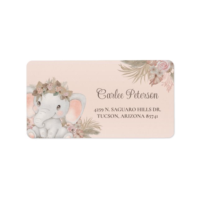 Boho Floral Elephant Baby Shower Rücksendeadresse Adressaufkleber (Vorne)