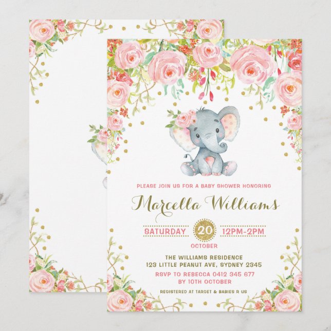 Boho Floral Elephant Einladung Pink Baby Dusche (Vorne/Hinten)