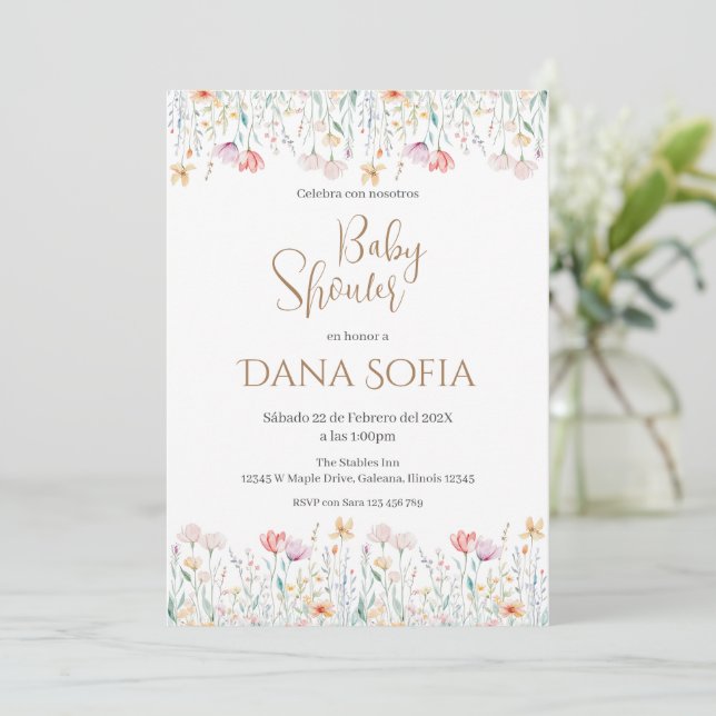 Boho floral espagnol Baby shower fille invitation (Debout devant)