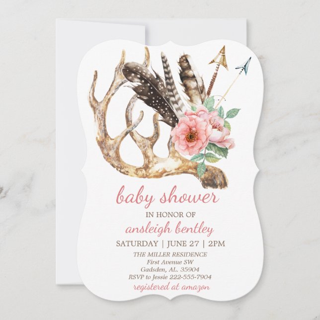 Boho floral et invitation de baby shower d'Antler (Devant)