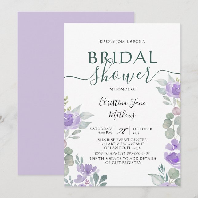 Boho Floral Eucalyptus Lila Brautparty Einladung (Vorne/Hinten)