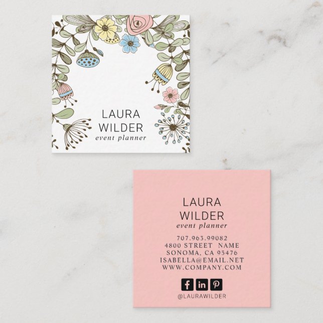 Boho Floral Event Plane Pink Square Business Quadratische Visitenkarte (Vorne/Hinten)