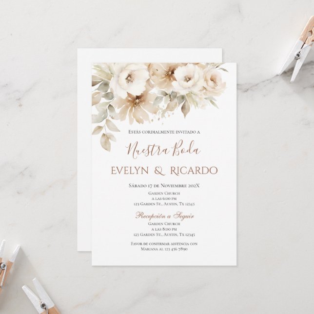 Boho Floral Faire-part de mariage en espagnol (Devant/Arrière en situation)