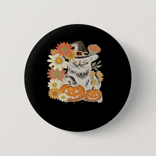Boho Floral Fall Black Cat Halloween Essential T-S Button (Vorderseite)