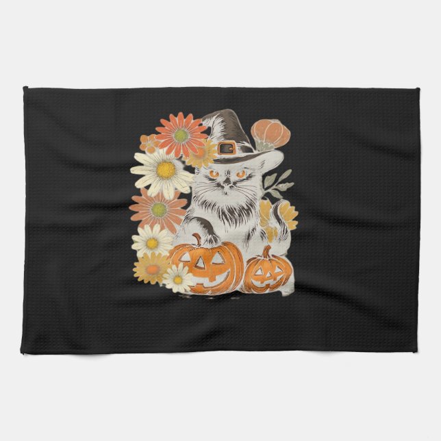 Boho Floral Fall Black Cat Halloween Essential T-S Geschirrtuch (Horizontal)