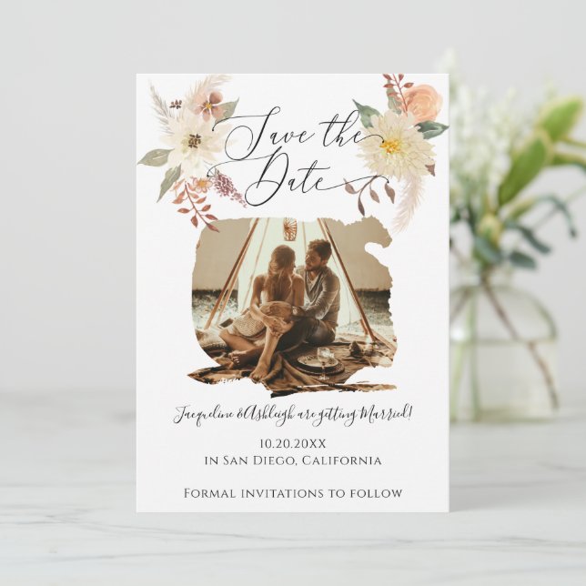 BOHO Floral Fall Foliage Aquarell Weißes Foto Save The Date (Stehend Vorderseite)