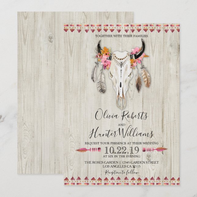 Boho Floral Feather Antlers Kuh Skull Wood Hochzei Einladung (Vorne/Hinten)