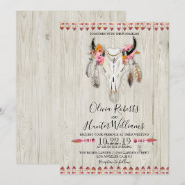 Boho Floral Feather Antlers Kuh Skull Wood Hochzei Einladung